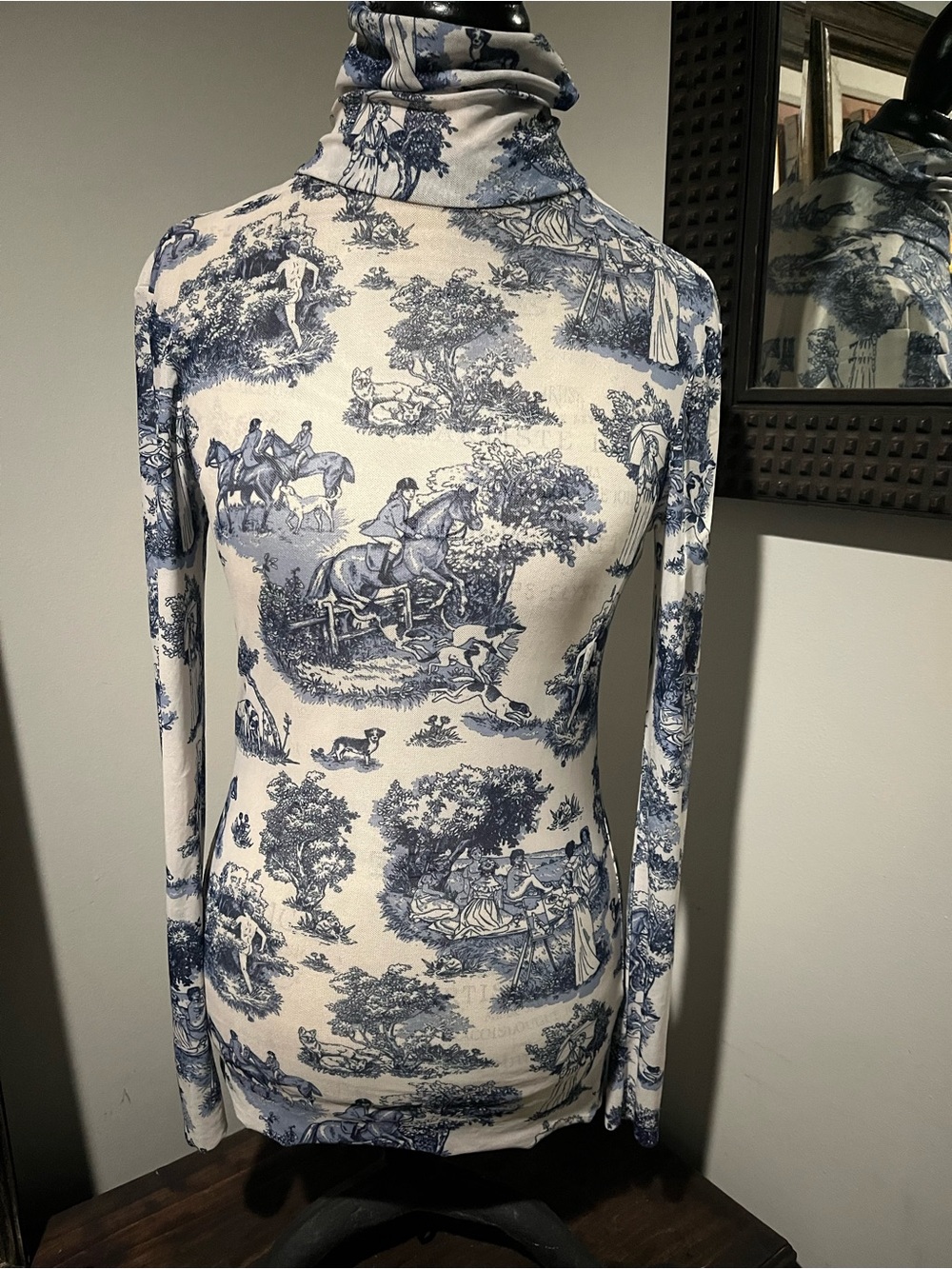 Rachel Antonoff Blue and White Toile Turtleneck